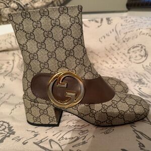 Gucci Brown GG Canvas and Dark Brown Leather Ankle Boots with Gold GG Emblem